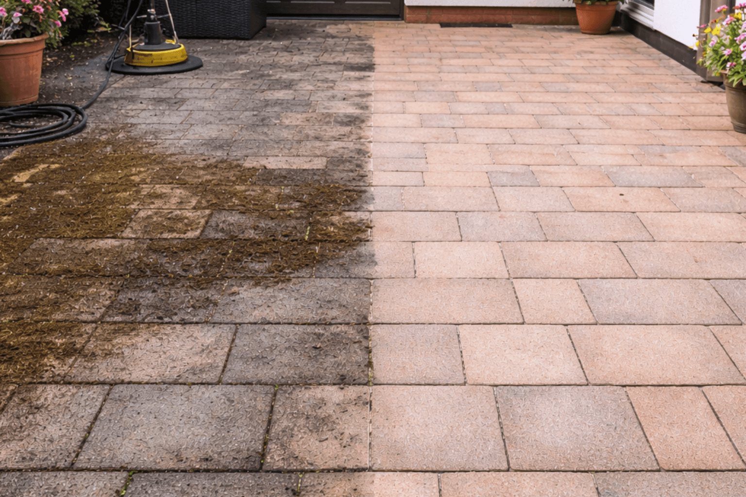 Patterned concrete drive being jet washed, half cleaned